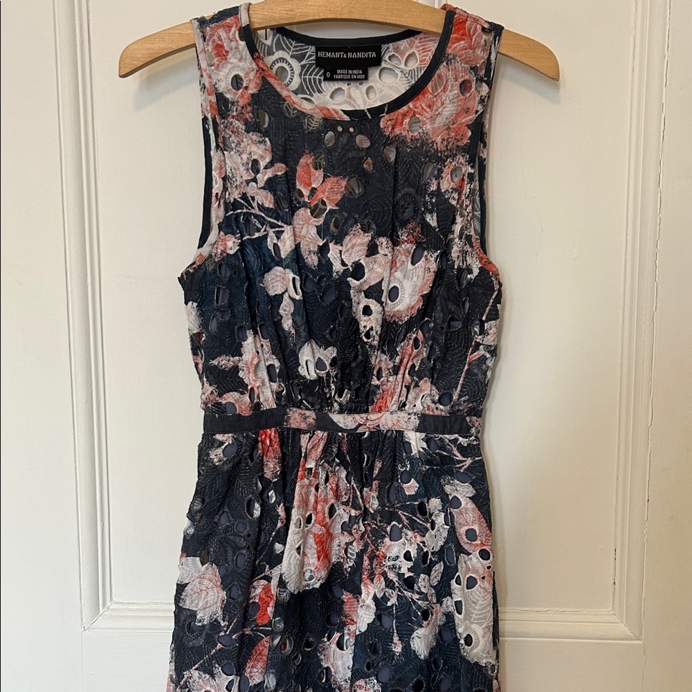 Anthropologie Midi Floral Eyelet & Embroidery Dress in Gray, Peach & White